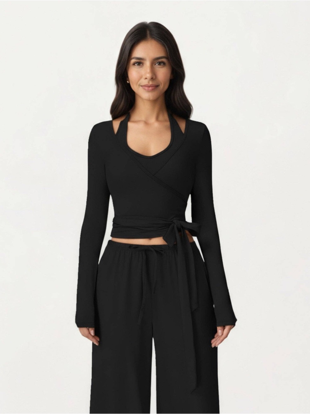 Anna-Kaci Black Wrap Ballet Top Long Sleeve Tie Waist Yoga Athleisure NWT